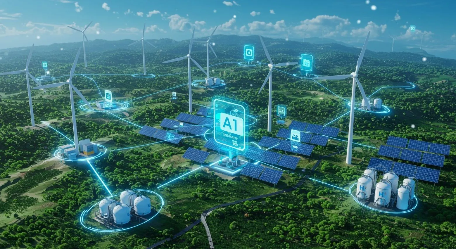A futuristic landscape with wind turbines, solar panels, and digital interfaces, illustrating a connected renewable energy network.