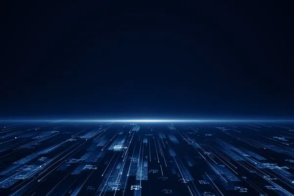 Abstract digital landscape with blue lines and glowing elements extending towards the horizon on a dark background.