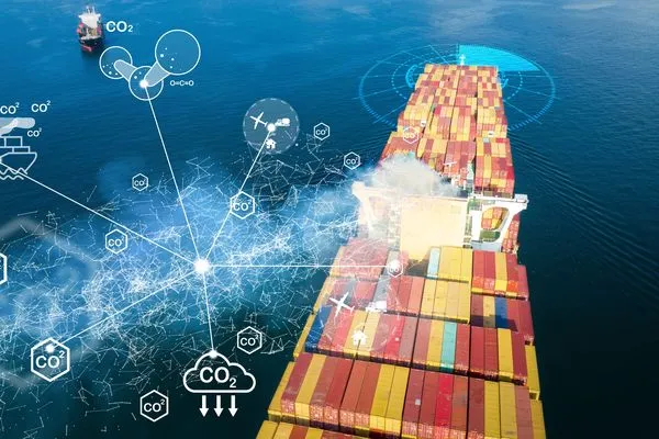 Cargo ship at sea with digital overlay of CO2 emissions symbols and data connections, highlighting environmental impact.