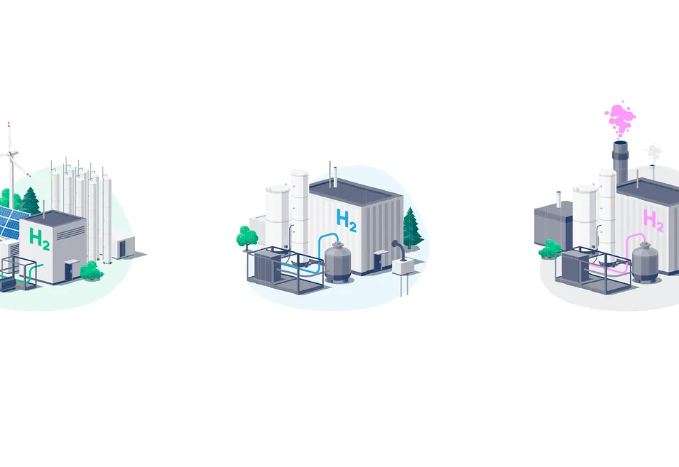 Illustration of three hydrogen production plants with solar panels, wind turbine, and emission stack, symbolizing clean energy processes.