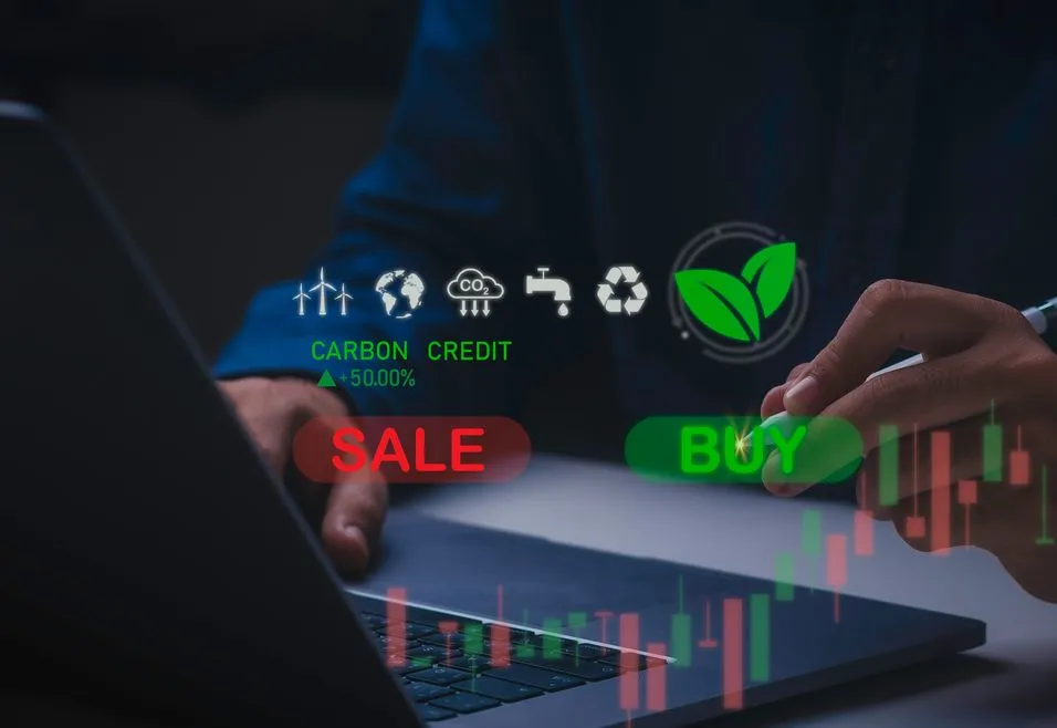 Person using a laptop with holographic icons for carbon credits, sale, and buy, alongside eco-friendly symbols and a stock market graph.